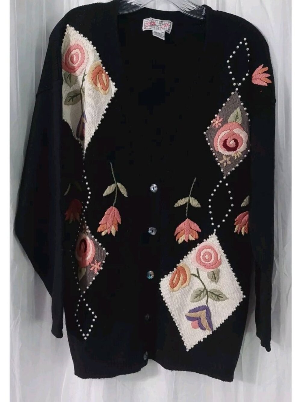 Spice of Life Cardigan Sweater Womens Size Medium Black Embroider Pearls Floral